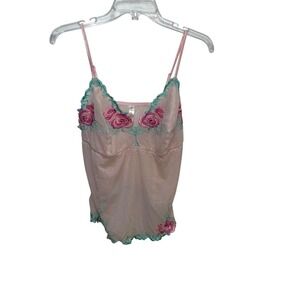 Vintage Cacique Pink Mesh Babydoll Top 14/16 Sheer Embroidered Roses Lingerie